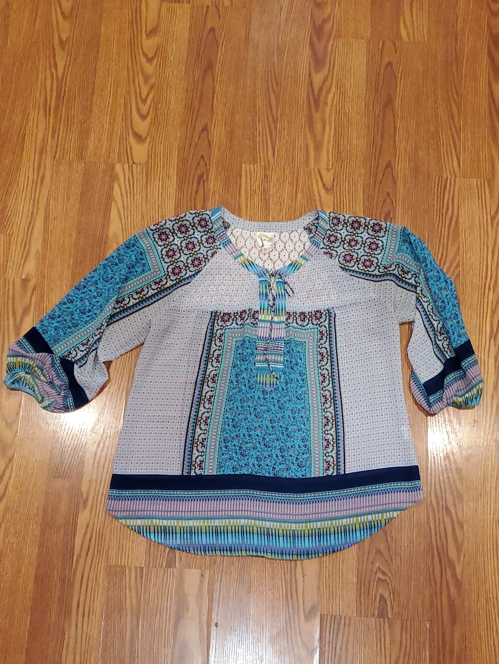 fig and flower Teal Blue Patterned Boho Tunic With Lace